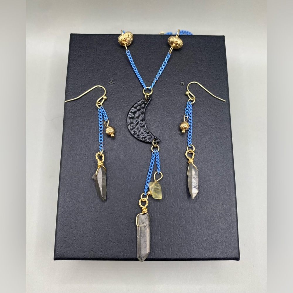 💙🌚Quartz Citrine Blue Chain Moon Necklace Earring Set